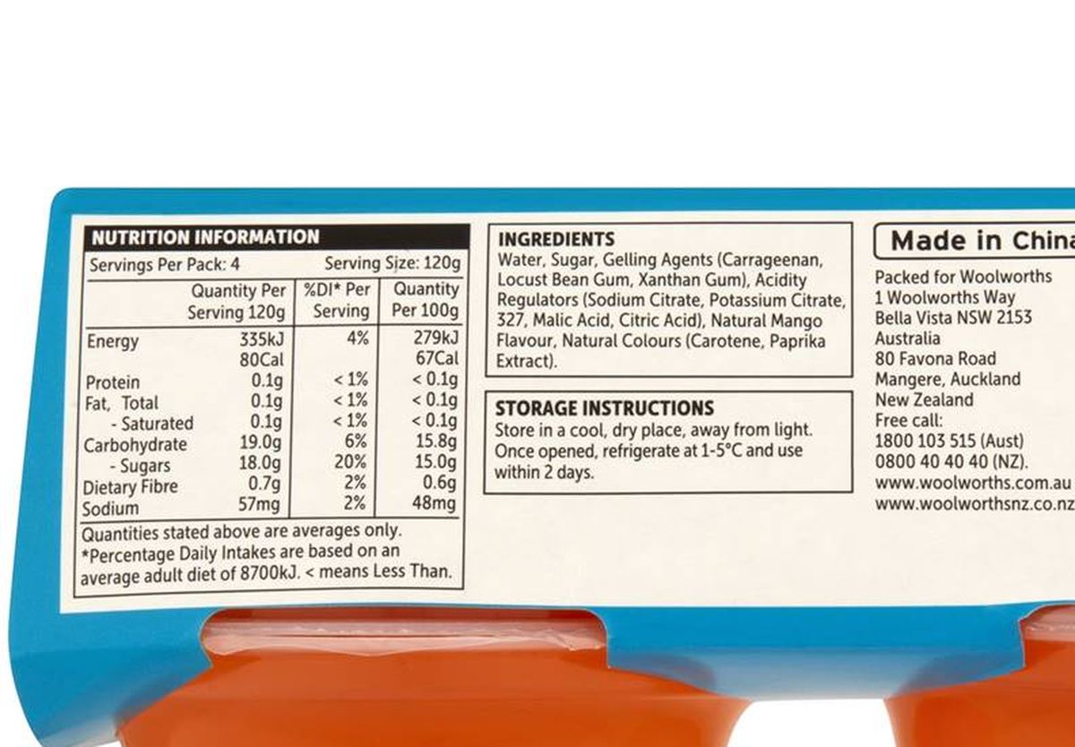 Pack photograph of Woolworths Mango Jelly 4 pack showing the printed nutrition panel