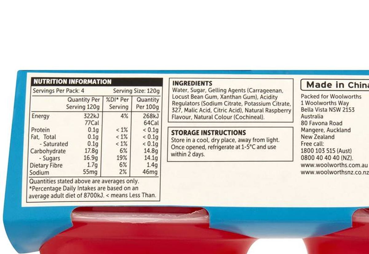 Pack photograph of Woolworths Raspberry Jelly 4 pack showing the printed nutrition panel