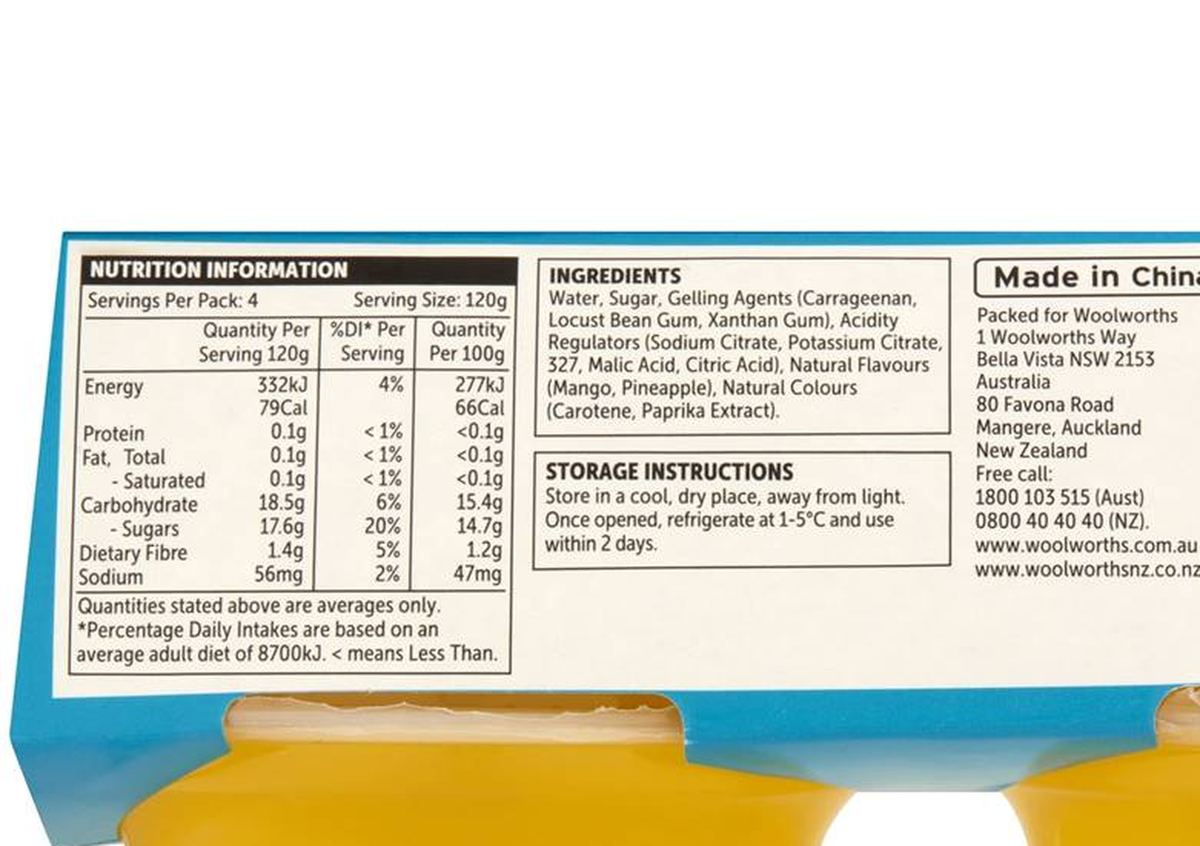 Pack photograph of Woolworths Tropical Flavour Jelly 4 pack showing the printed nutrition panel