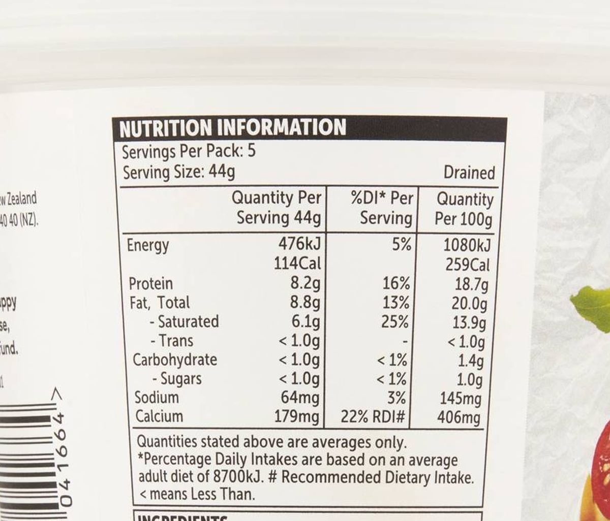 Pack photograph of Woolworths Traditional Bocconcini 220g showing the printed nutrition panel