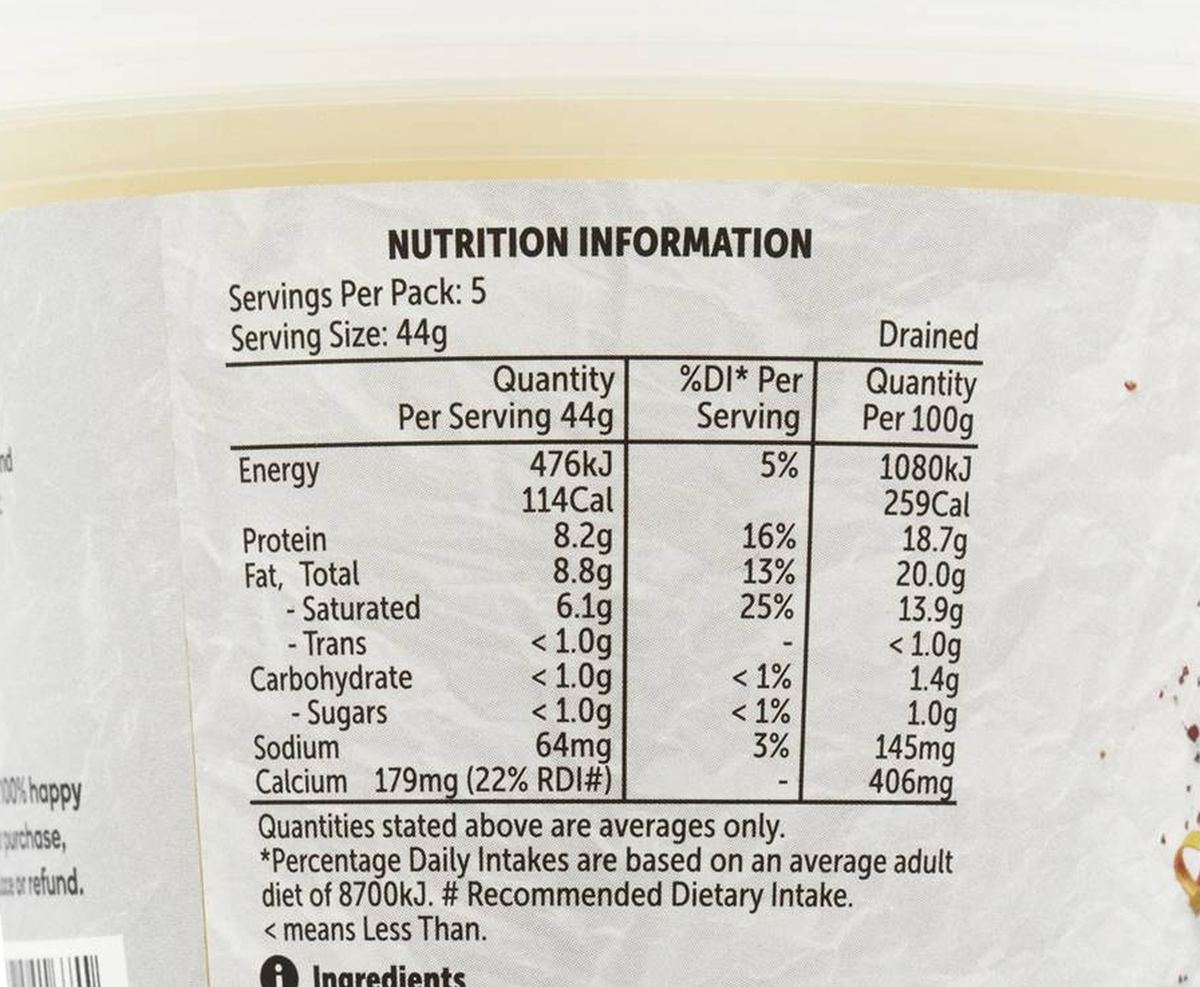 Pack photograph of Woolworths Cherry Bocconcini 220g showing the printed nutrition panel