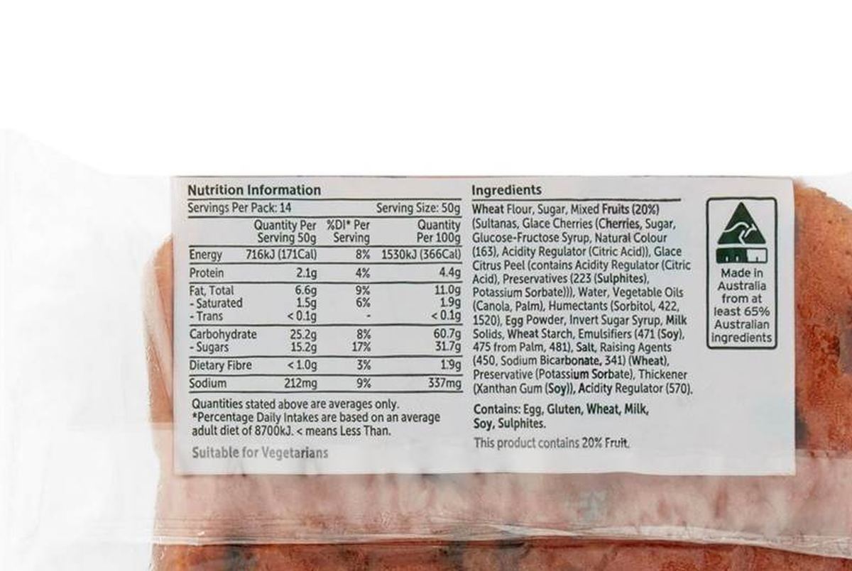 Pack photograph of Woolworths Lightly Fruited Cake 700g showing the printed nutrition panel