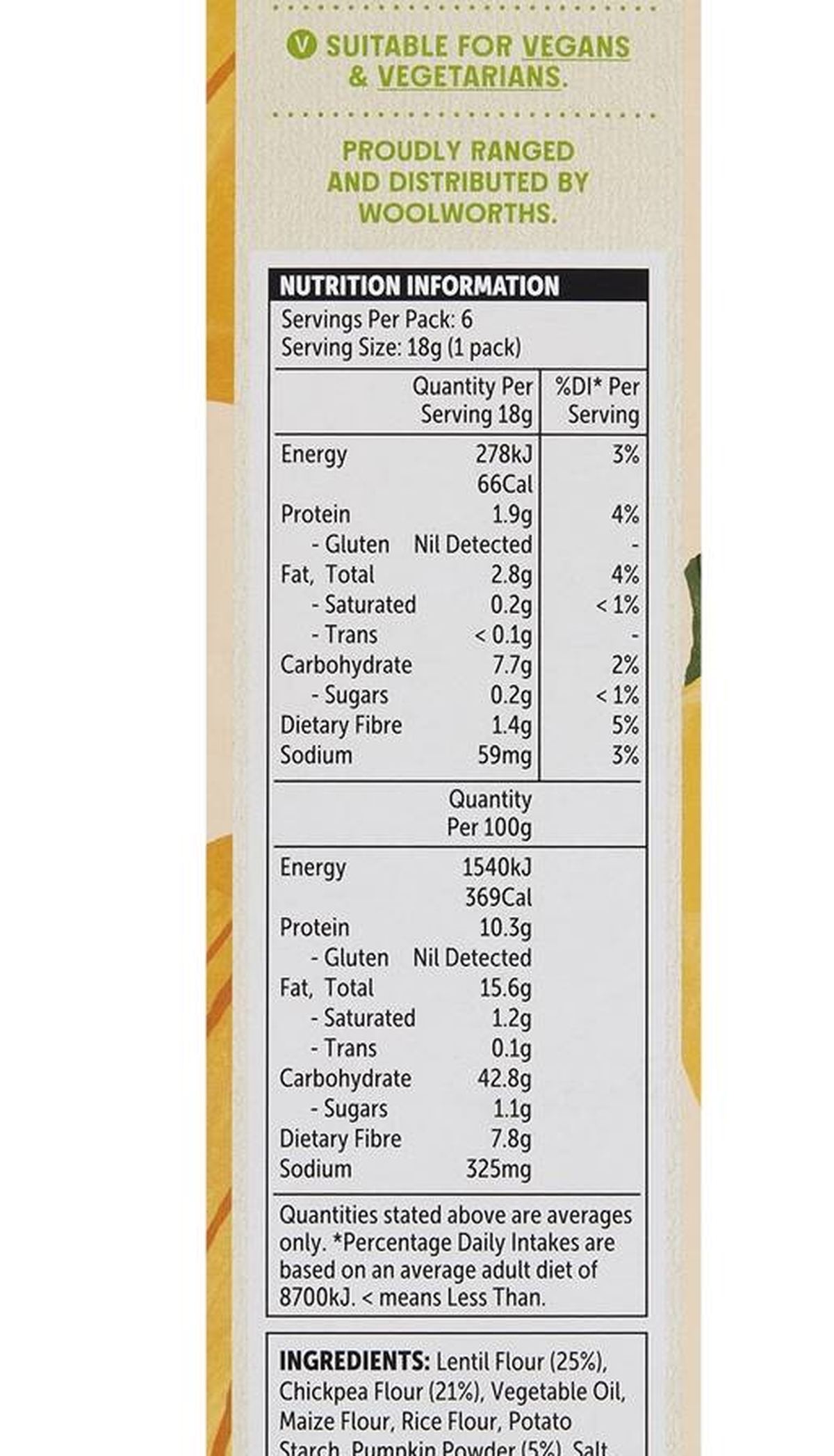 Pack photograph of Macro Lentil Bites Pumpkin 6 pack showing the printed nutrition panel