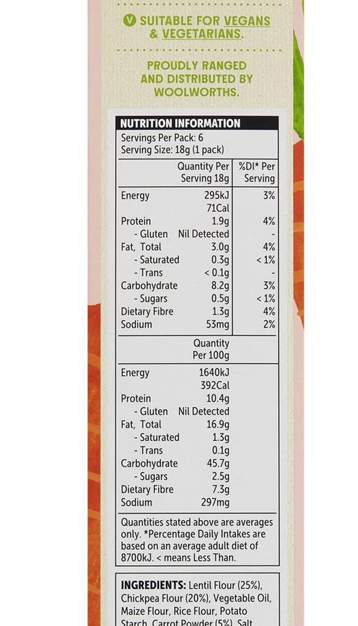 Pack photograph of Macro Lentil Bites Carrot 6 pack showing the printed nutrition panel