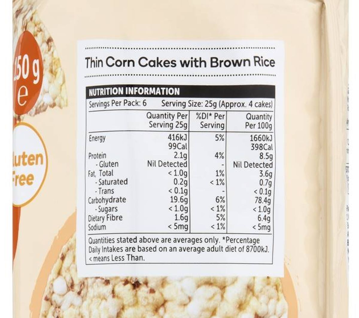 Pack photograph of Woolworths Thin Corn Cake With Brown Rice 150g showing the printed nutrition panel