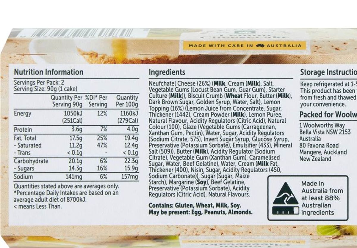 Pack photograph of Woolworths Lemon Cheesecake 2 pack showing the printed nutrition panel