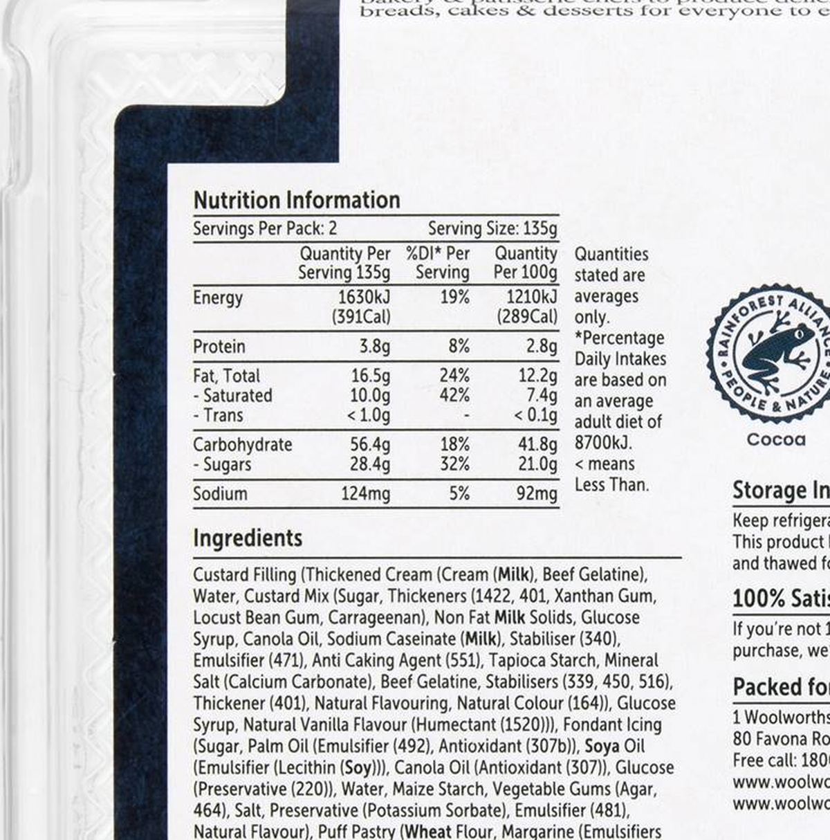 Pack photograph of Woolworths Creamy Vanilla Slice 2 pack showing the printed nutrition panel