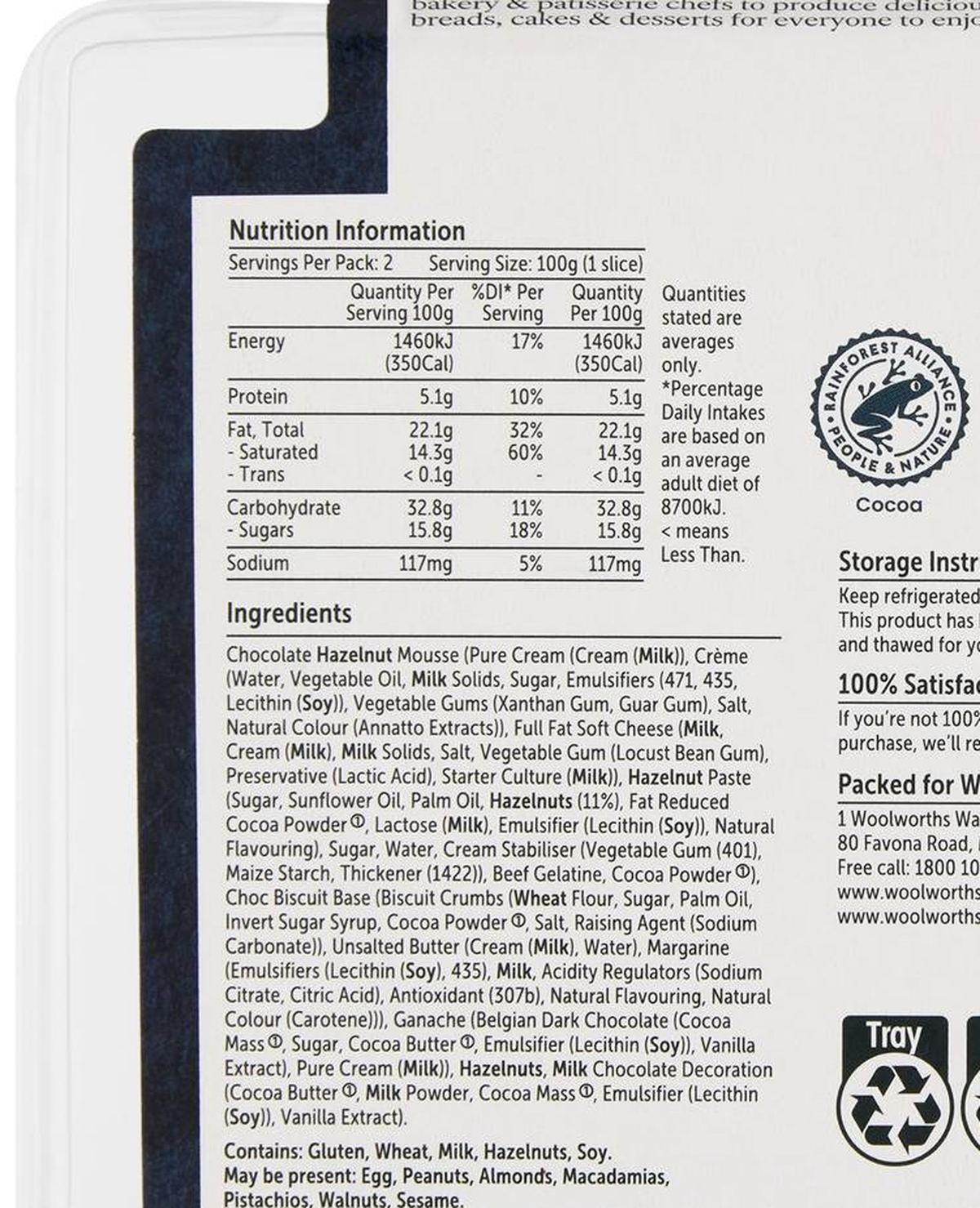 Pack photograph of Woolworths Chocolate & Hazelnut Mousse Slice 2 pack showing the printed nutrition panel