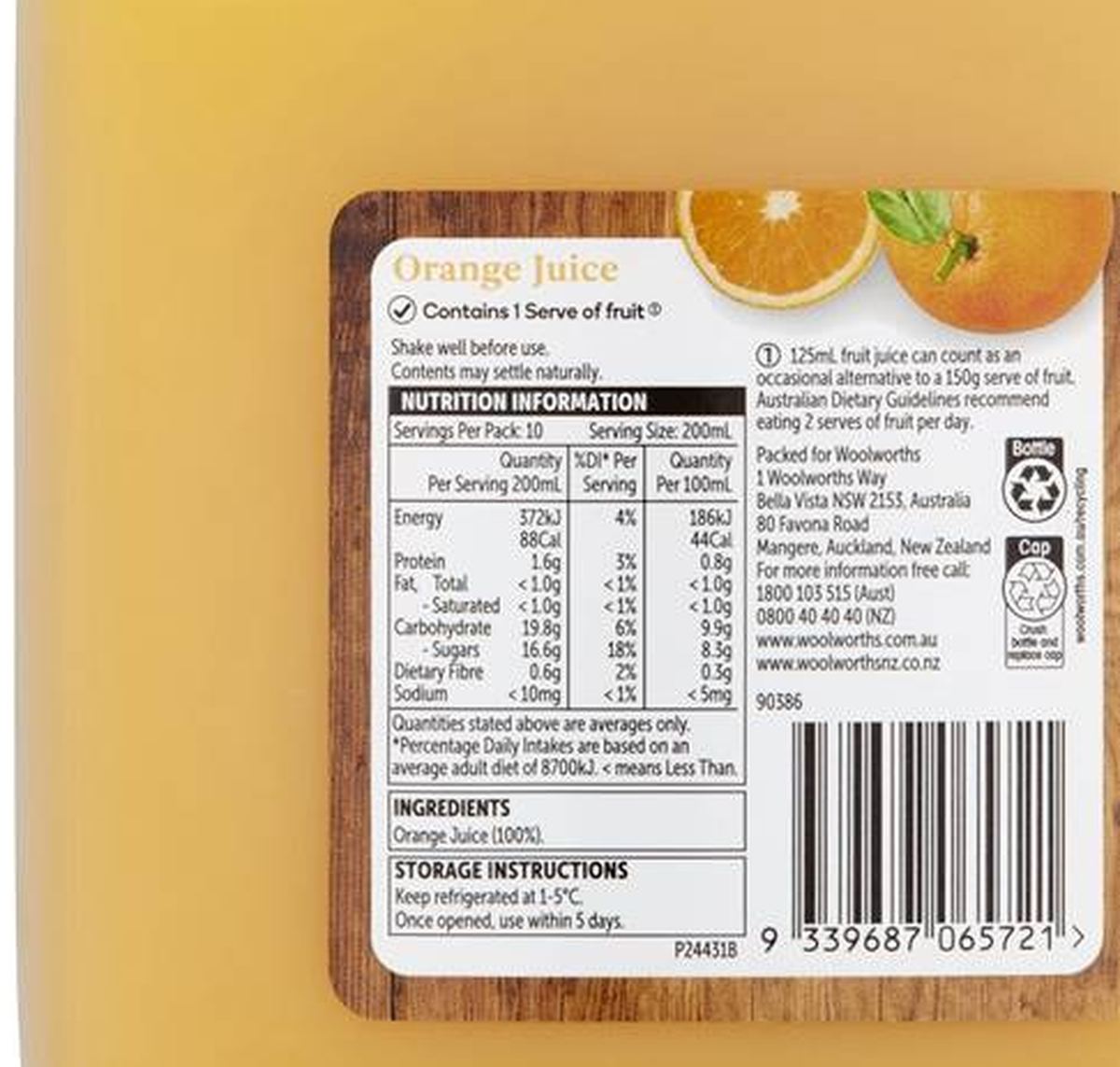 Pack photograph of Woolworths Orange Juice Pulp Free 2L showing the printed nutrition panel