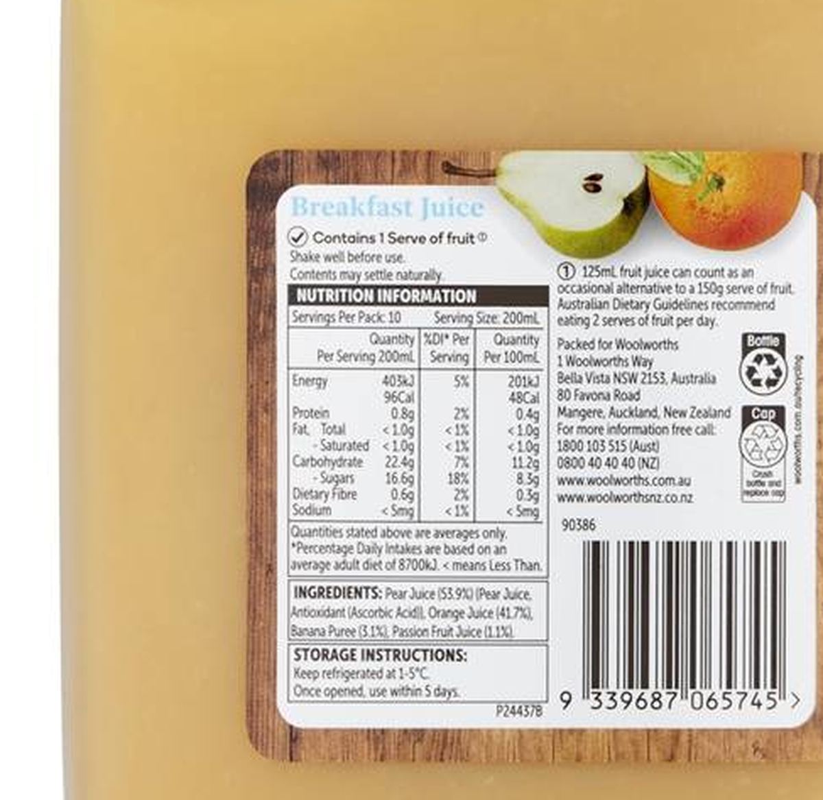 Pack photograph of Woolworths Breakfast Juice 2L showing the printed nutrition panel