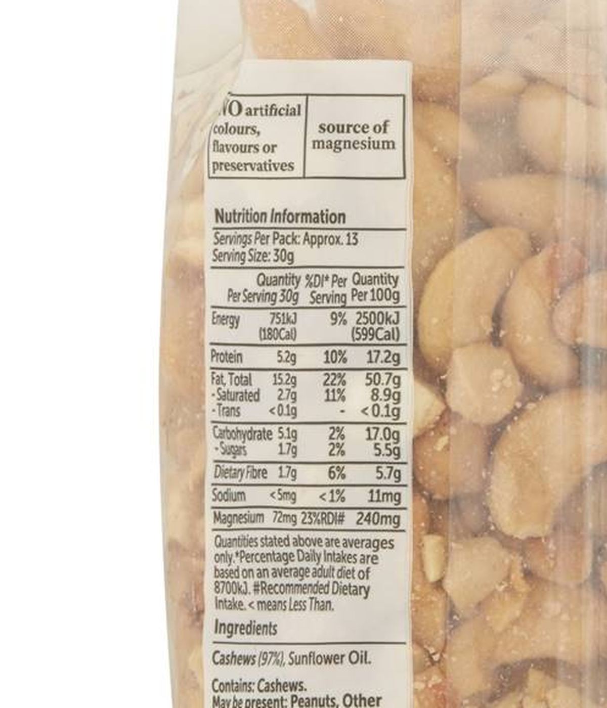 Pack photograph of Woolworths Cashews Roasted 400g showing the printed nutrition panel