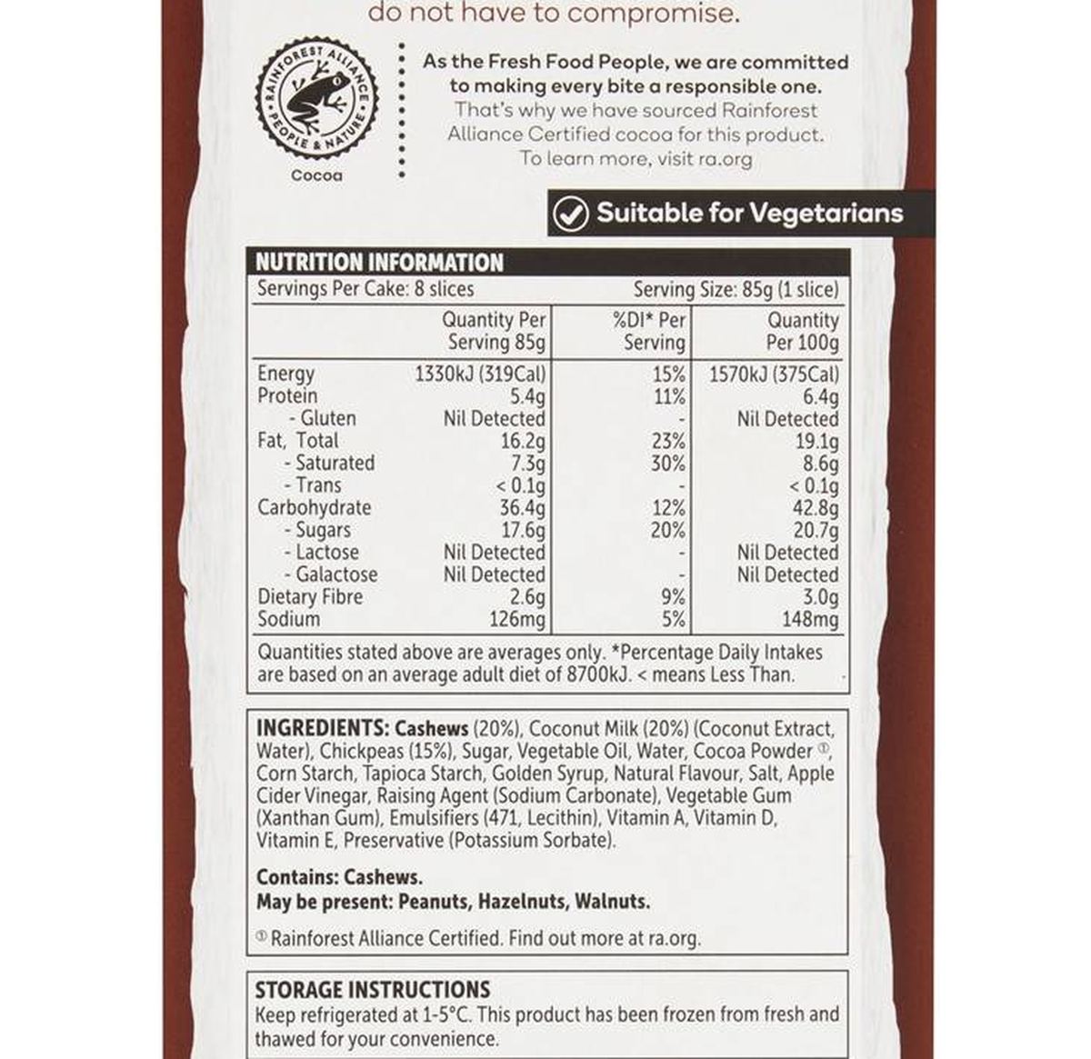 Pack photograph of Woolworths Free From Gluten Dairy Free Chocolate Cheesecake 675g showing the printed nutrition panel