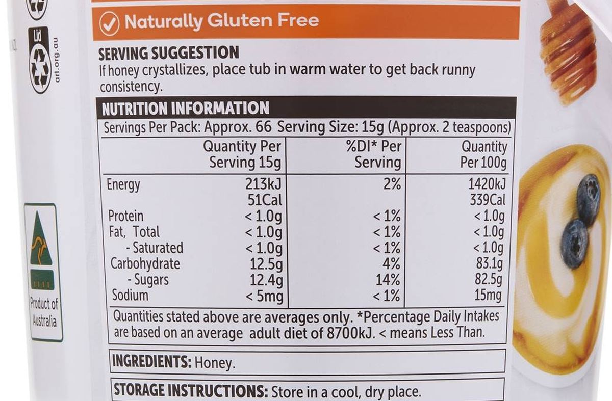 Pack photograph of Woolworths Pure Australian Honey Pail 1kg showing the printed nutrition panel