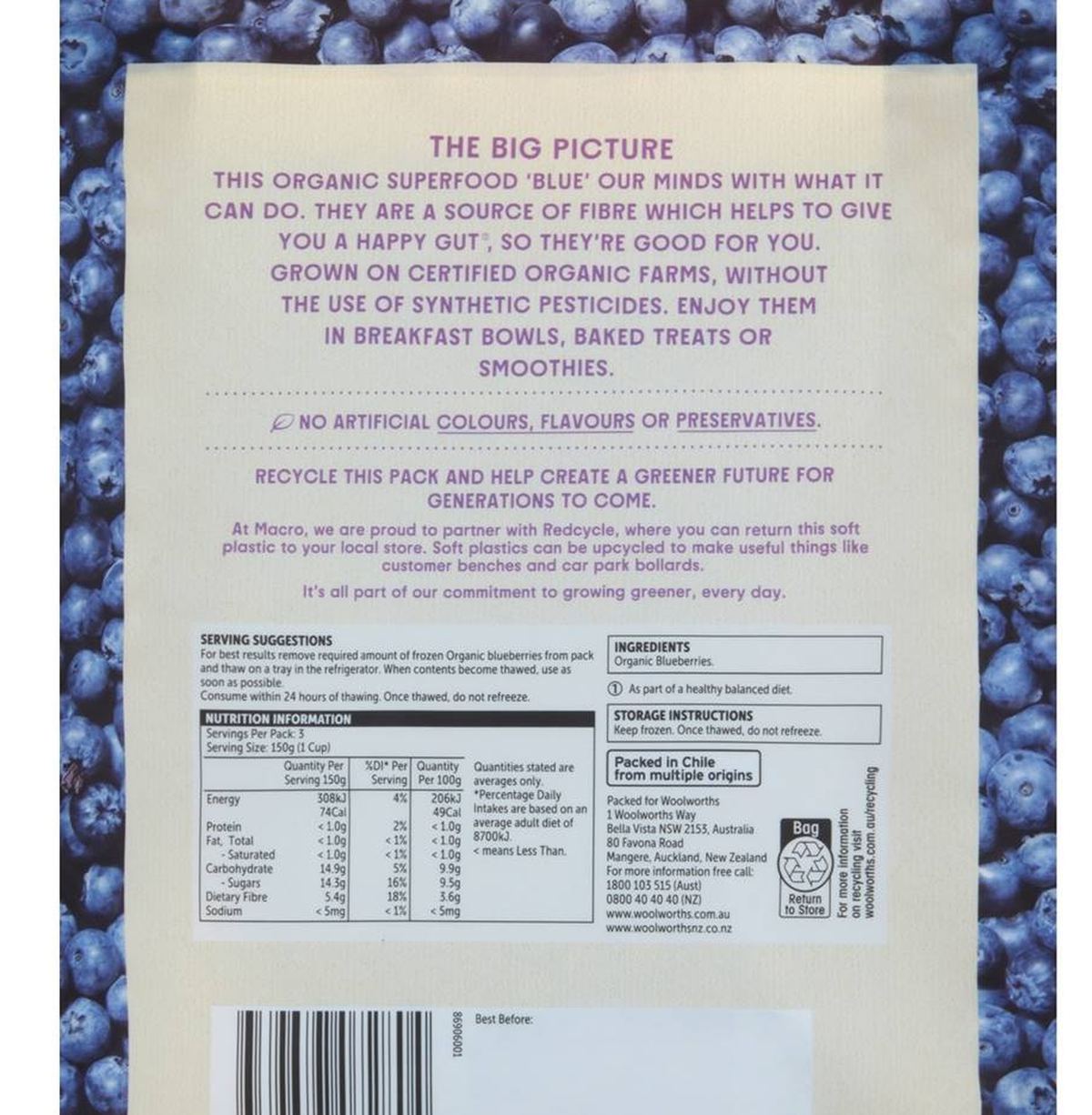 Pack photograph of Macro Organic Frozen Blueberries 450g showing the printed nutrition panel