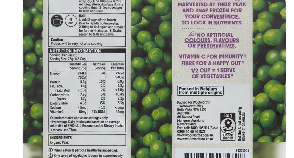 Pack photograph of Macro Organic Frozen Peas 450g showing the printed nutrition panel