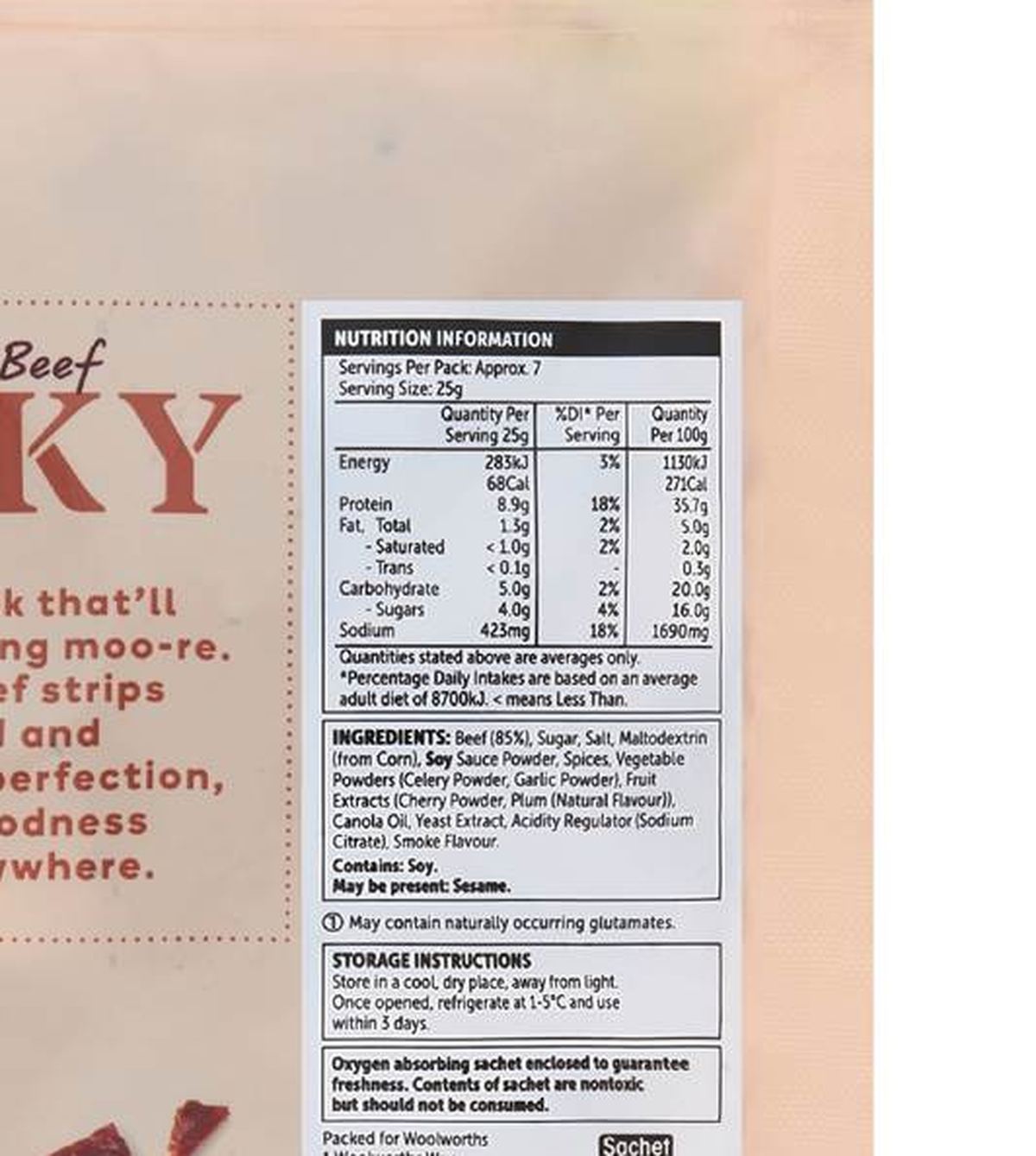 Pack photograph of Woolworths Beef Jerky Original 180g showing the printed nutrition panel