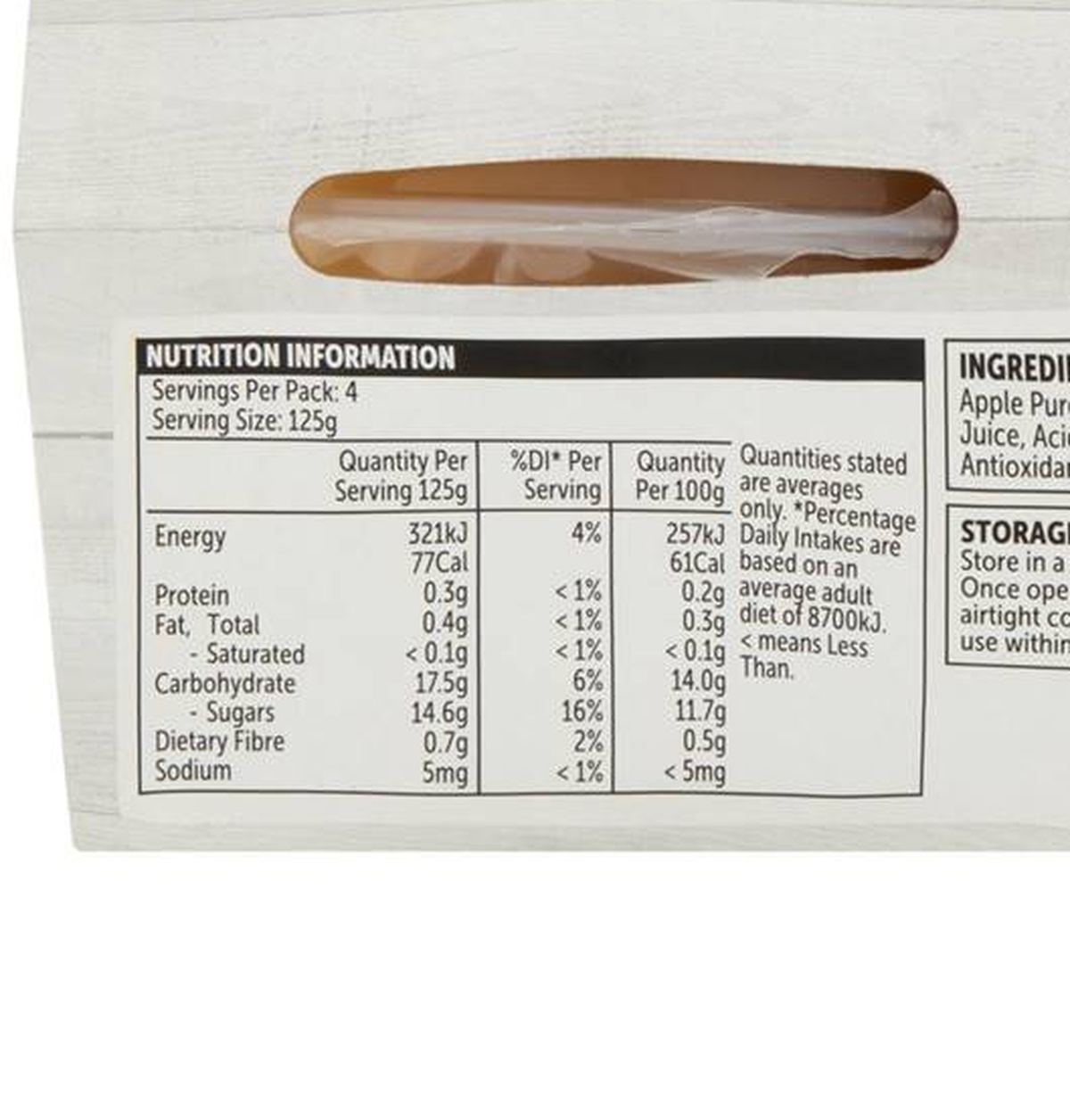 Pack photograph of Woolworths Apple Puree 4 pack showing the printed nutrition panel