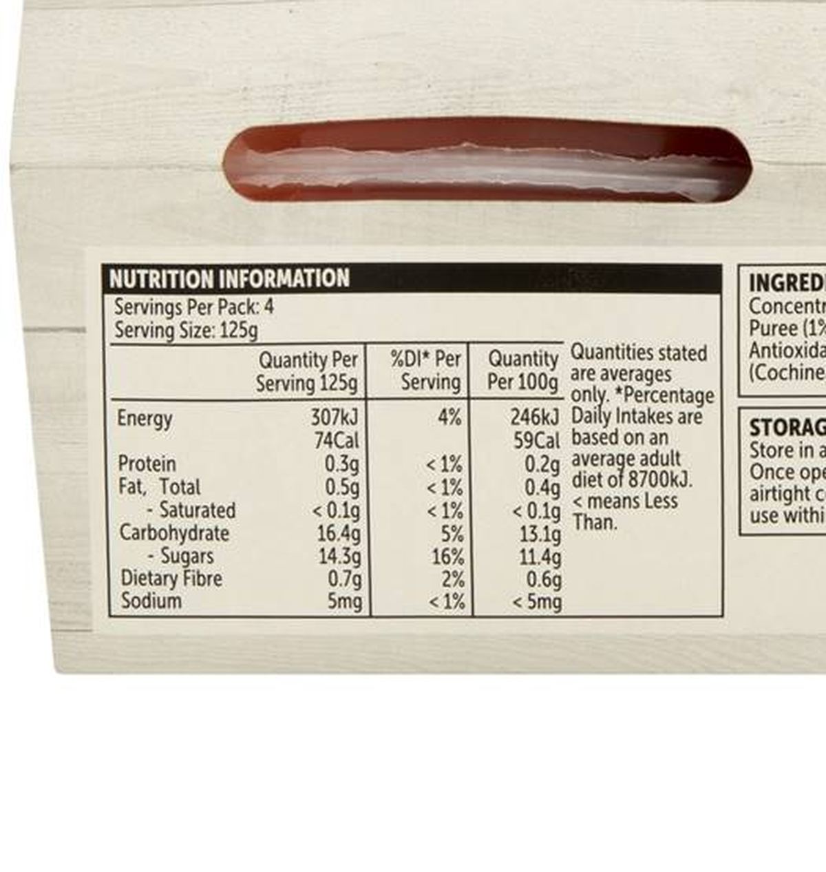Pack photograph of Woolworths Apple & Strawberry Puree 4 pack showing the printed nutrition panel