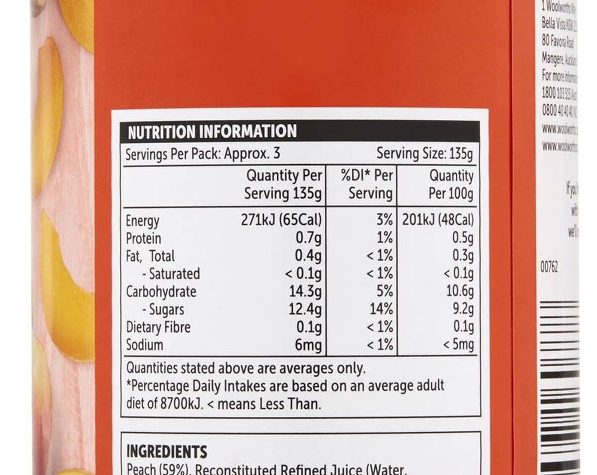 Pack photograph of Woolworths Peach Slices In Juice 410g showing the printed nutrition panel