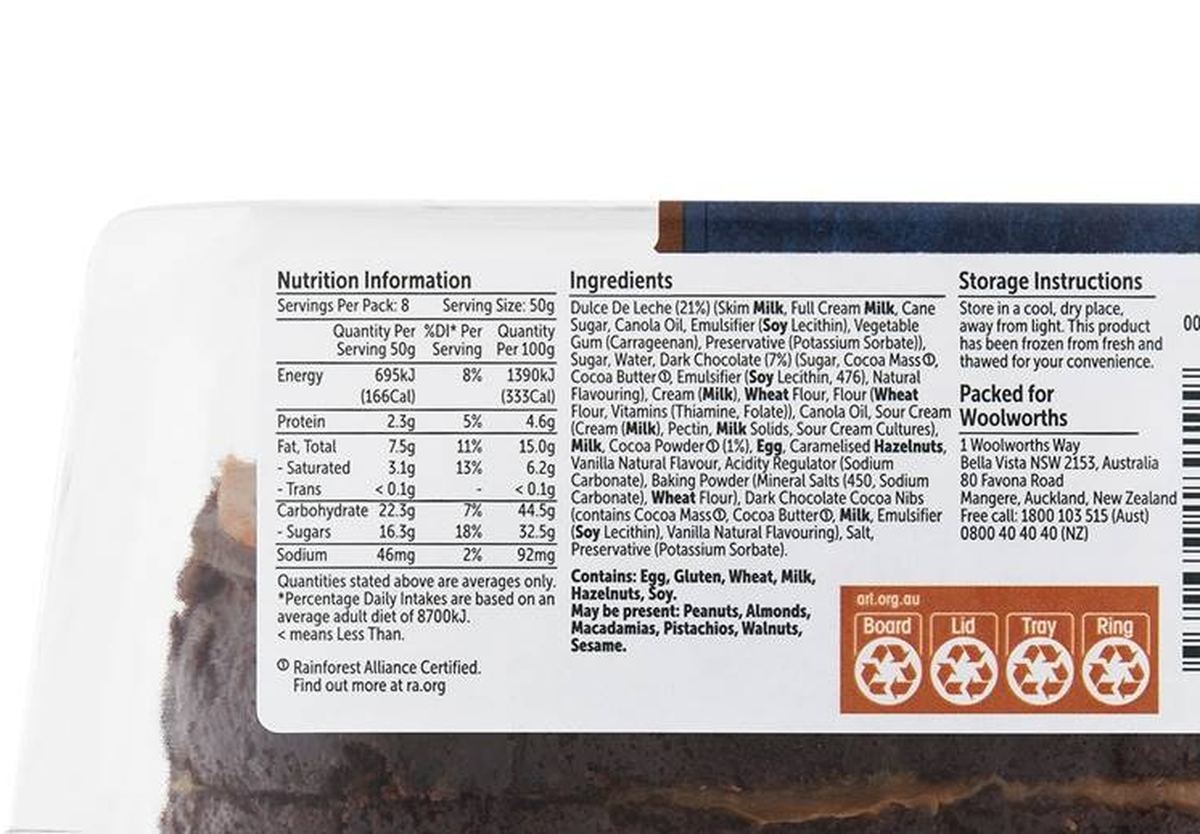 Pack photograph of Woolworths Indulgent Chocolate & Caramel Cake 400g showing the printed nutrition panel