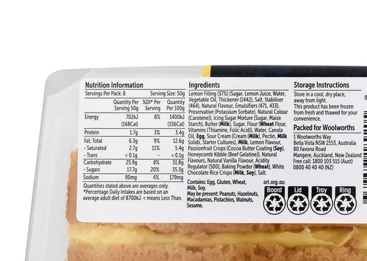 Pack photograph of Woolworths Zesty Lemon Cake 400g showing the printed nutrition panel
