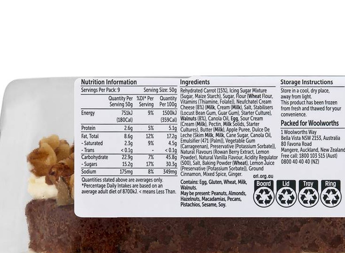 Pack photograph of Woolworths Traditional Carrot Cake 450g showing the printed nutrition panel