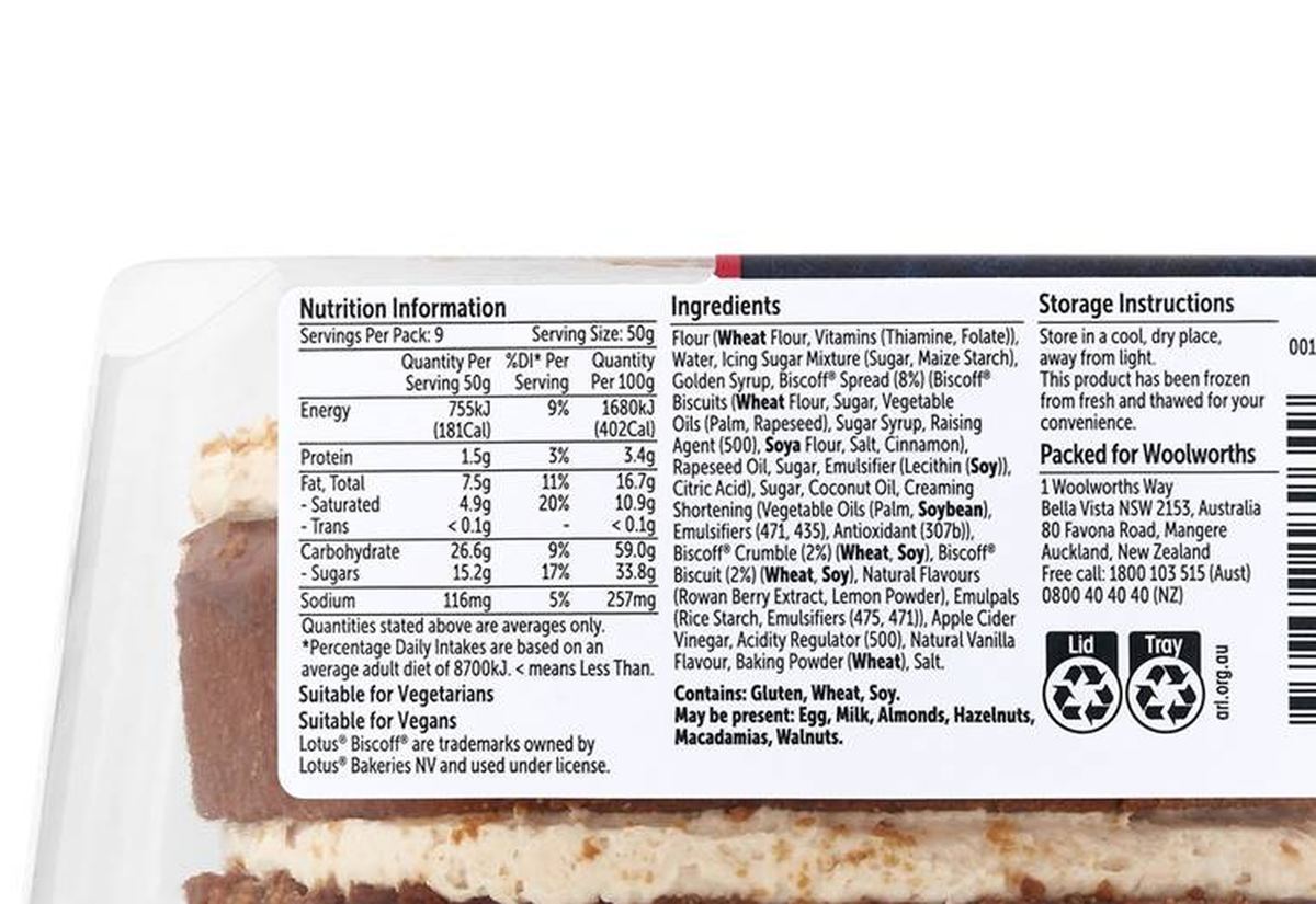 Pack photograph of Woolworths Vanilla Cake With Biscoff 450g showing the printed nutrition panel