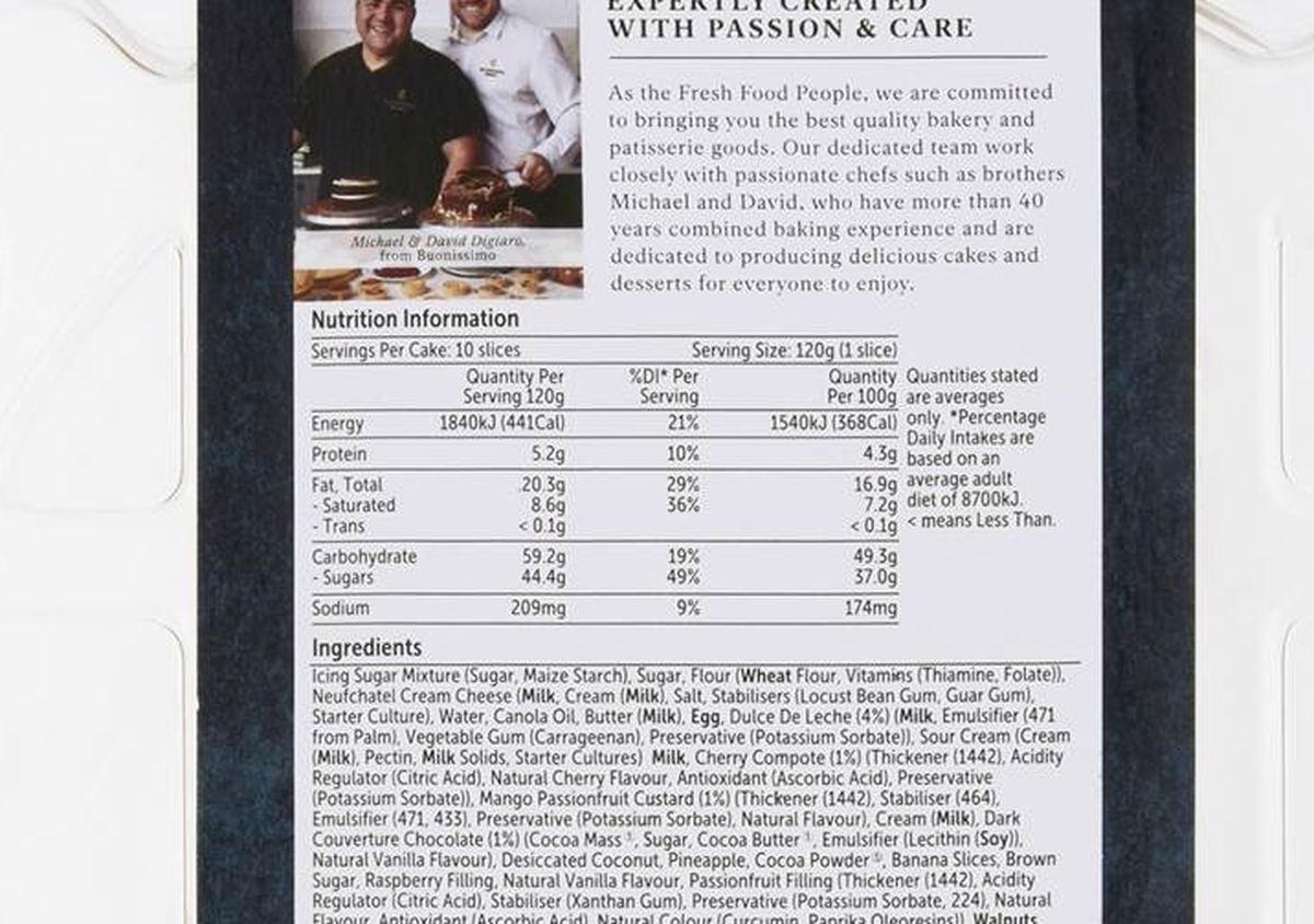 Pack photograph of Woolworths Assorted Celebration Cake 1.2kg showing the printed nutrition panel