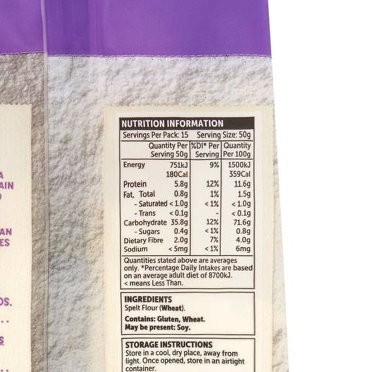 Pack photograph of Macro Organic Flour White Spelt 750g showing the printed nutrition panel