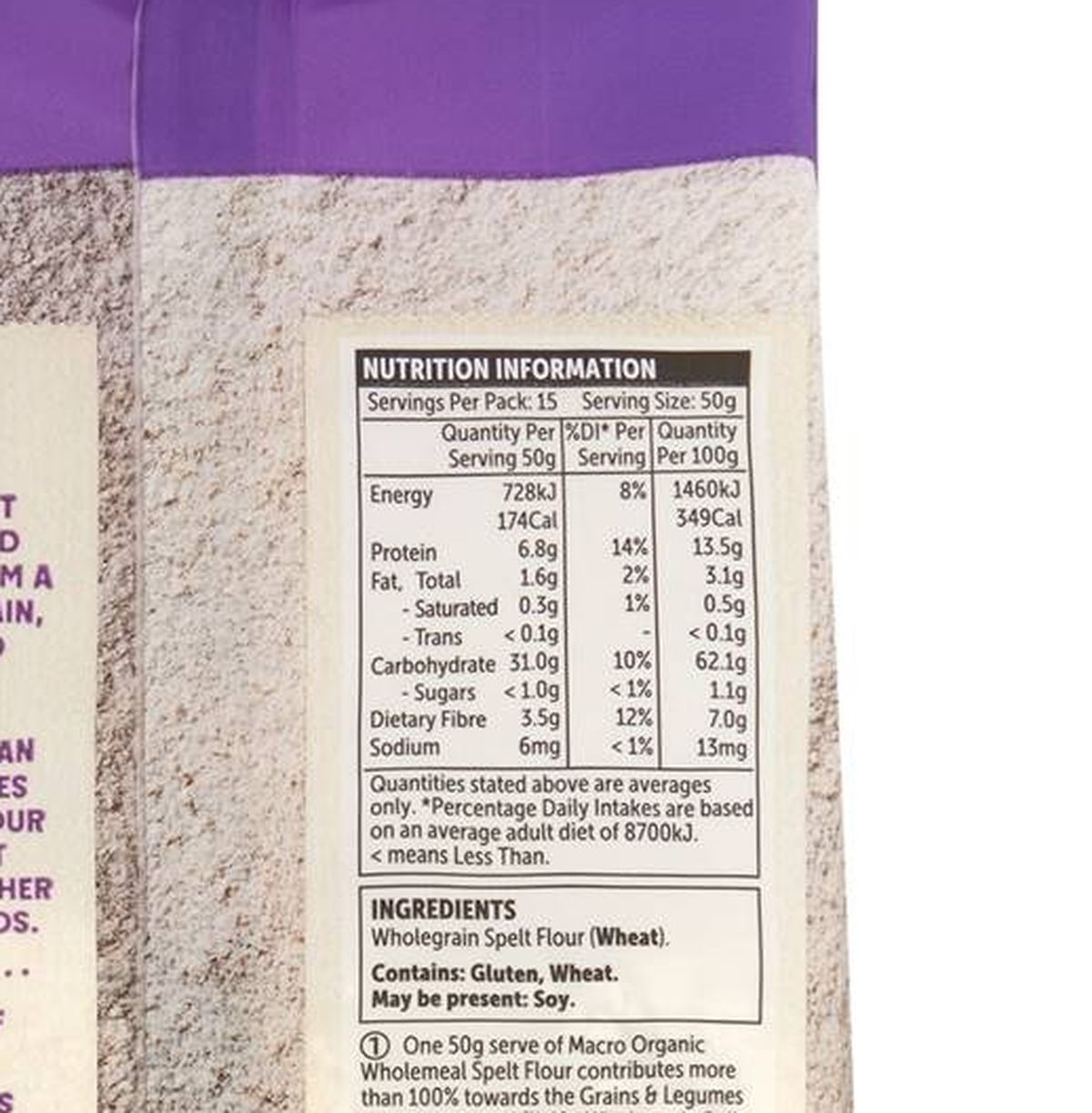 Pack photograph of Macro Organic Flour Wholemeal Spelt 750g showing the printed nutrition panel
