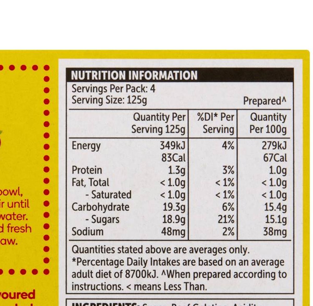 Pack photograph of Woolworths Jelly Strawberry 85g showing the printed nutrition panel