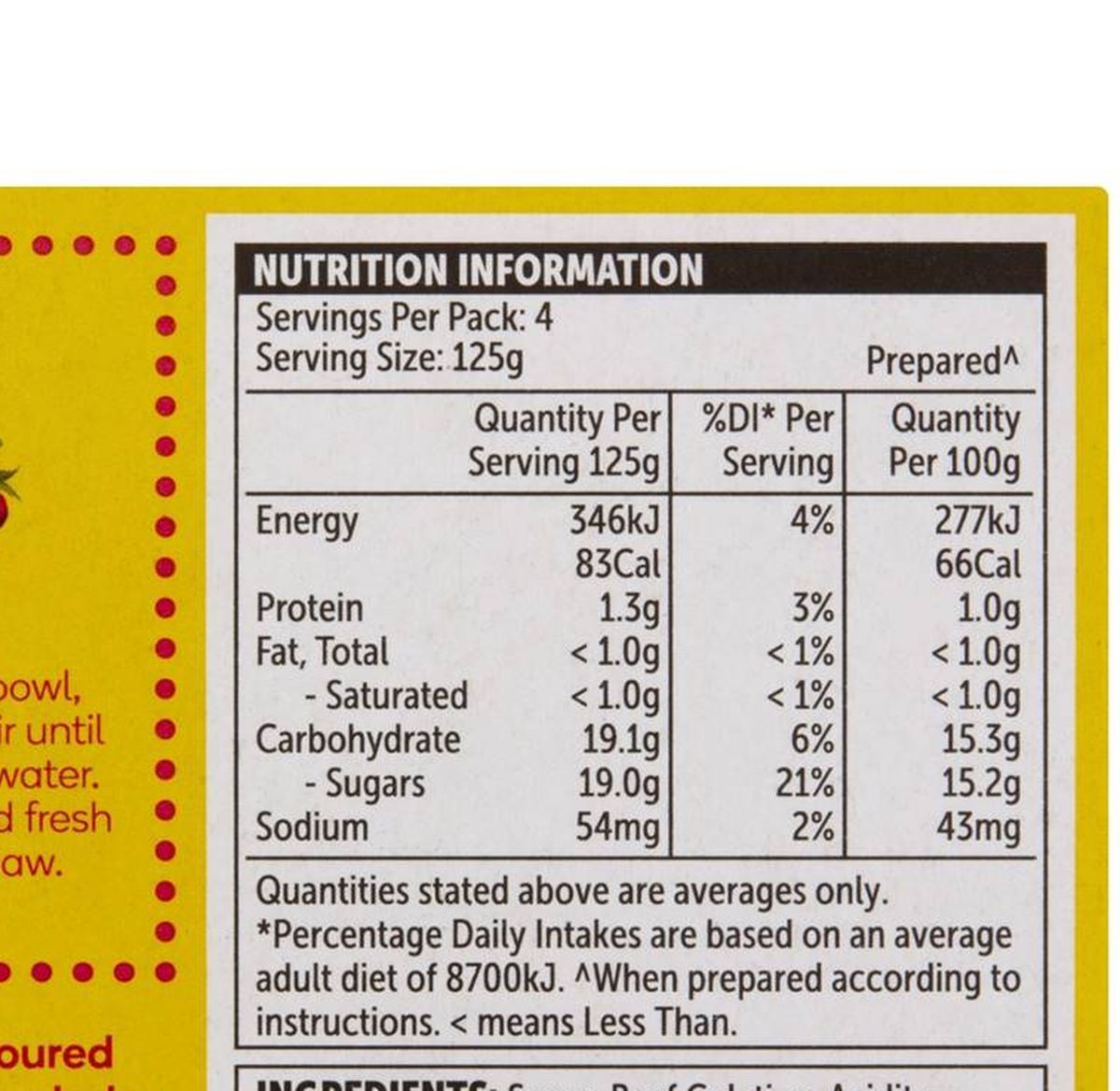 Pack photograph of Woolworths Jelly Raspberry 85g showing the printed nutrition panel