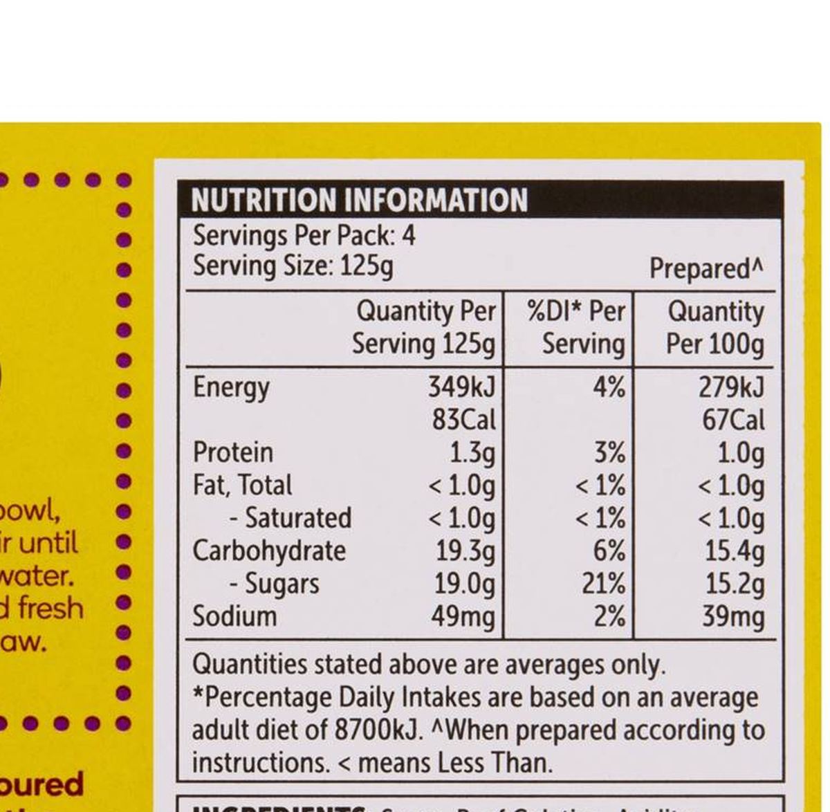 Pack photograph of Woolworths Jelly Port Wine 85g showing the printed nutrition panel