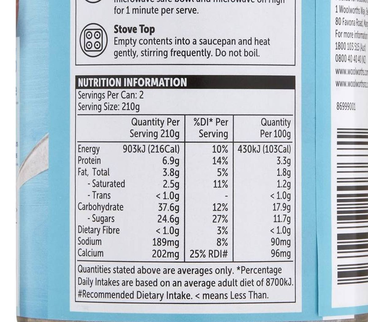 Pack photograph of Woolworths Creamed Rice 420g showing the printed nutrition panel