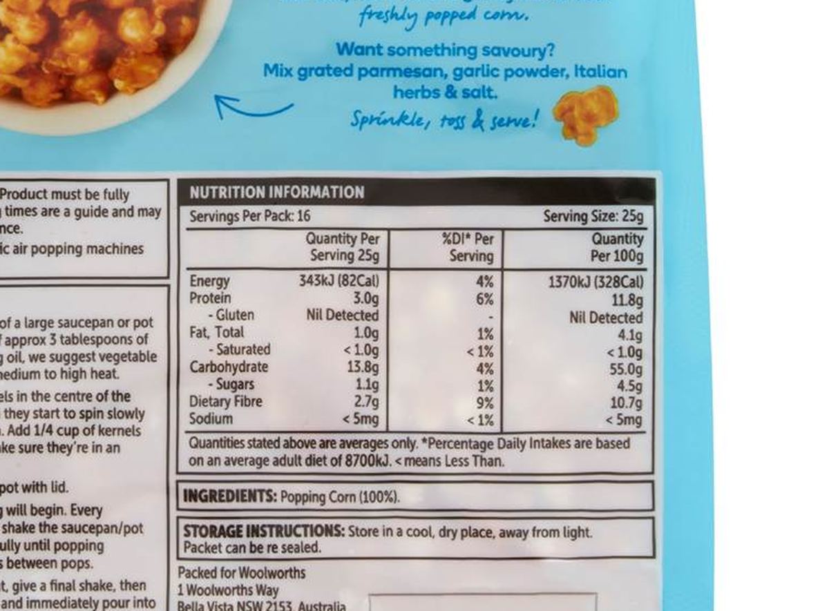 Pack photograph of Woolworths Popping Corn Kernels 400g showing the printed nutrition panel