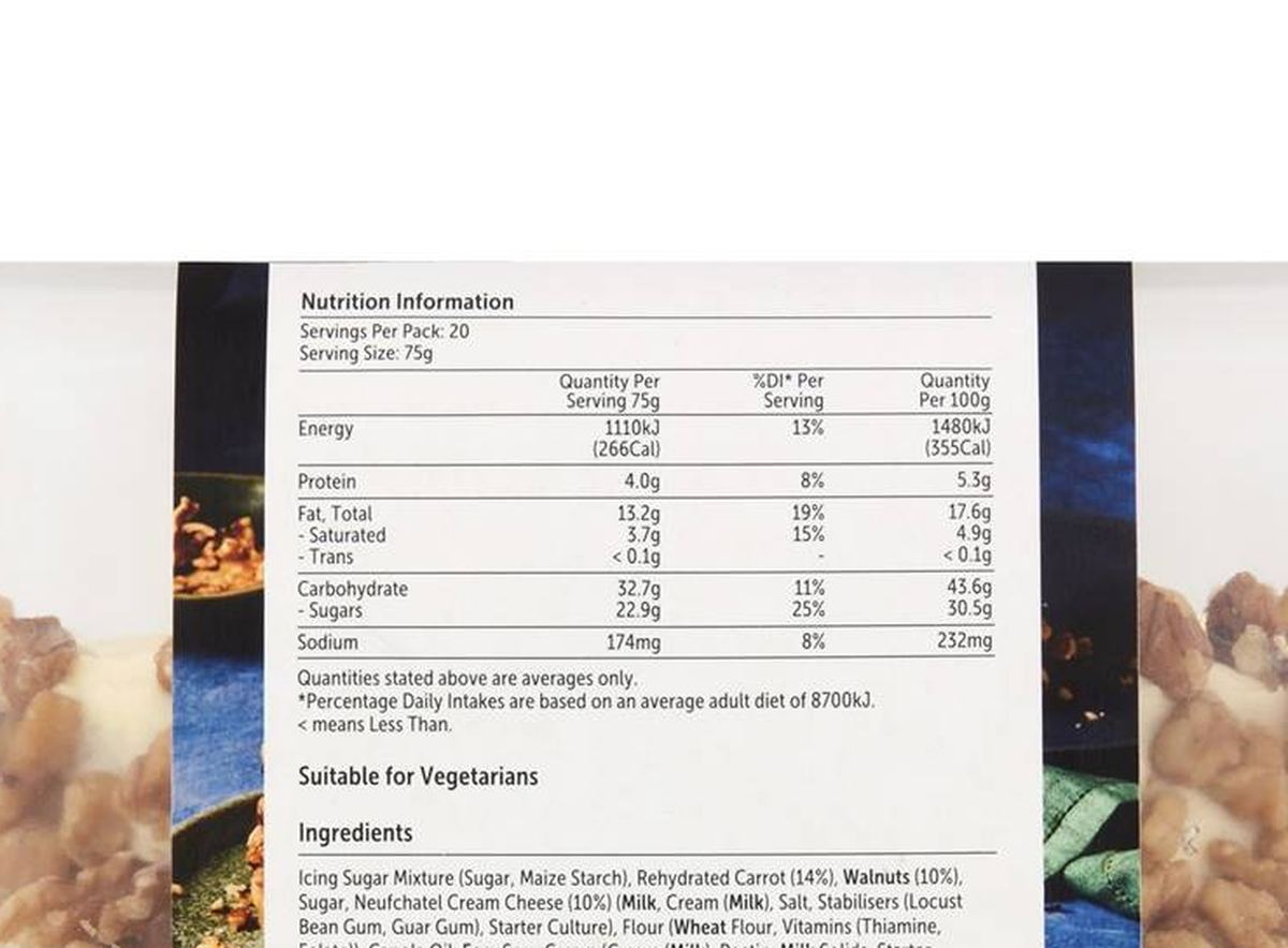Pack photograph of Woolworths Carrot Cake 1.5kg showing the printed nutrition panel