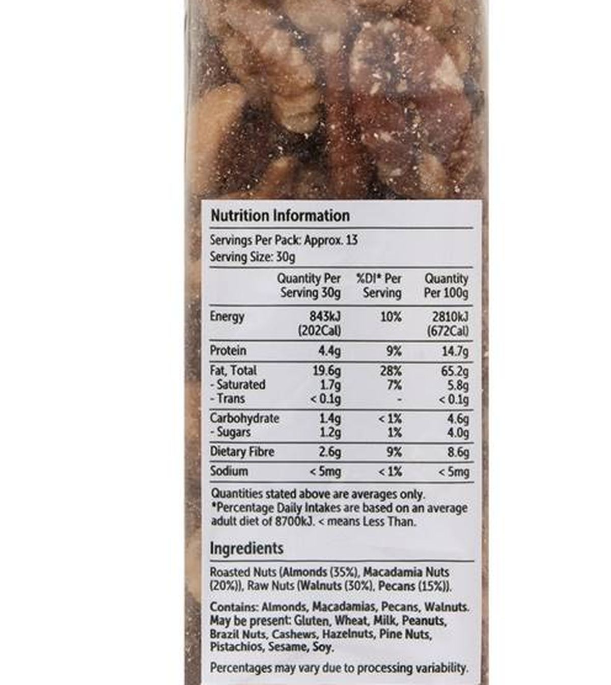Pack photograph of Woolworths Australian Nut Mix Roasted & Raw 400g showing the printed nutrition panel