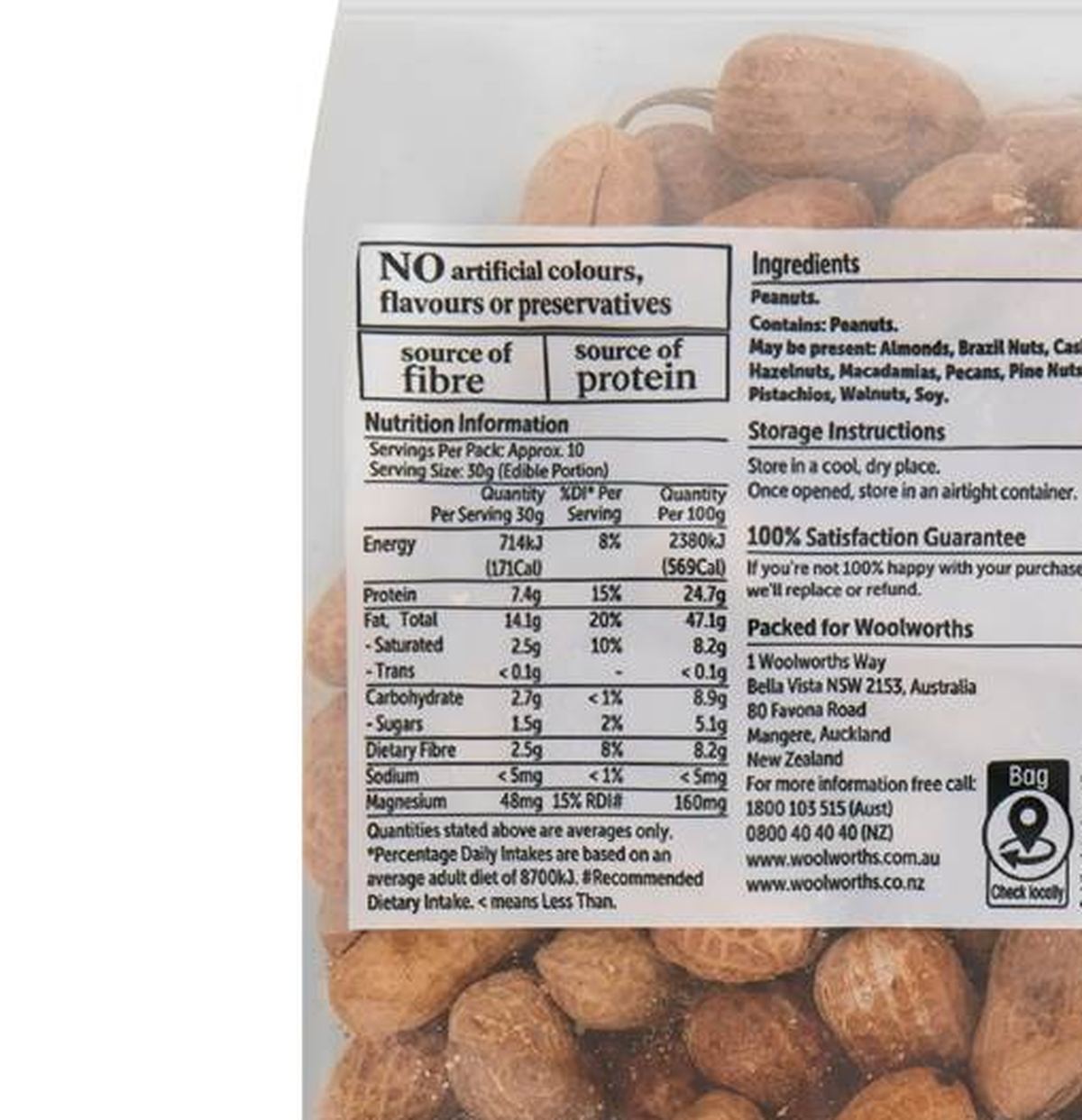 Pack photograph of Woolworths Peanuts In Shell 500g showing the printed nutrition panel