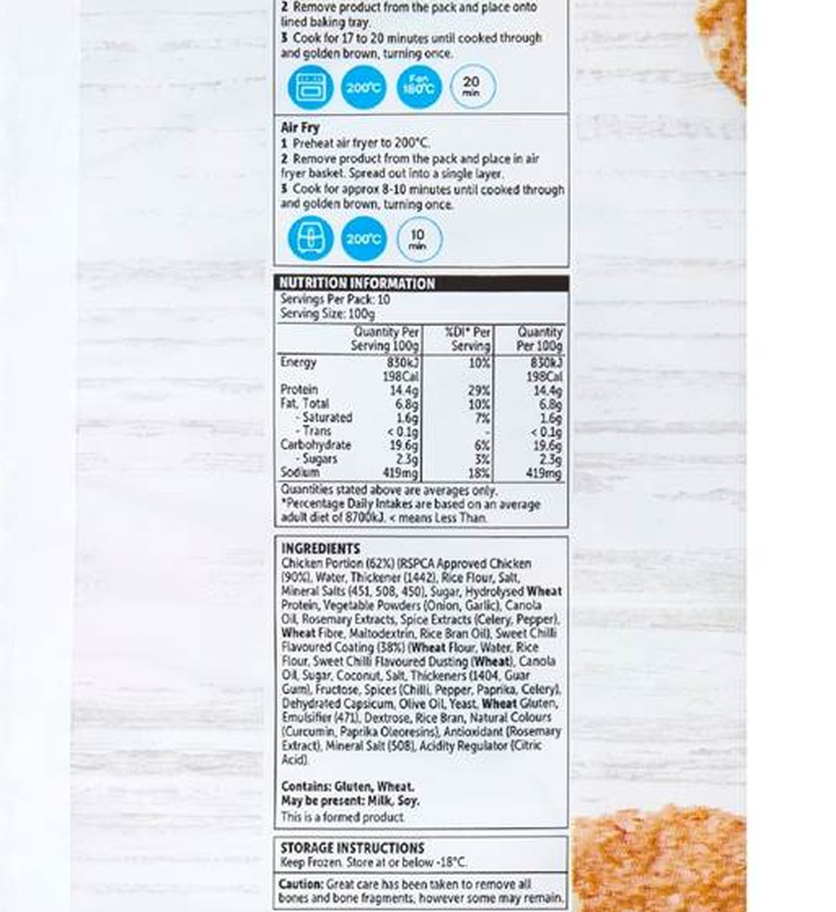 Pack photograph of Woolworths Chicken Breast Sweet Chilli Tenders 1kg showing the printed nutrition panel