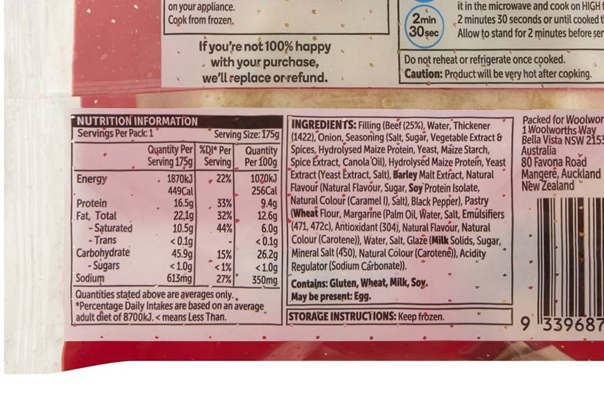 Pack photograph of Woolworths Australian Beef Microwave Pie 175g showing the printed nutrition panel