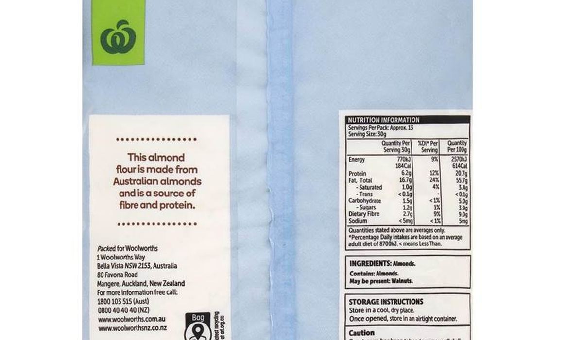 Pack photograph of Woolworths Almond Flour 400g showing the printed nutrition panel