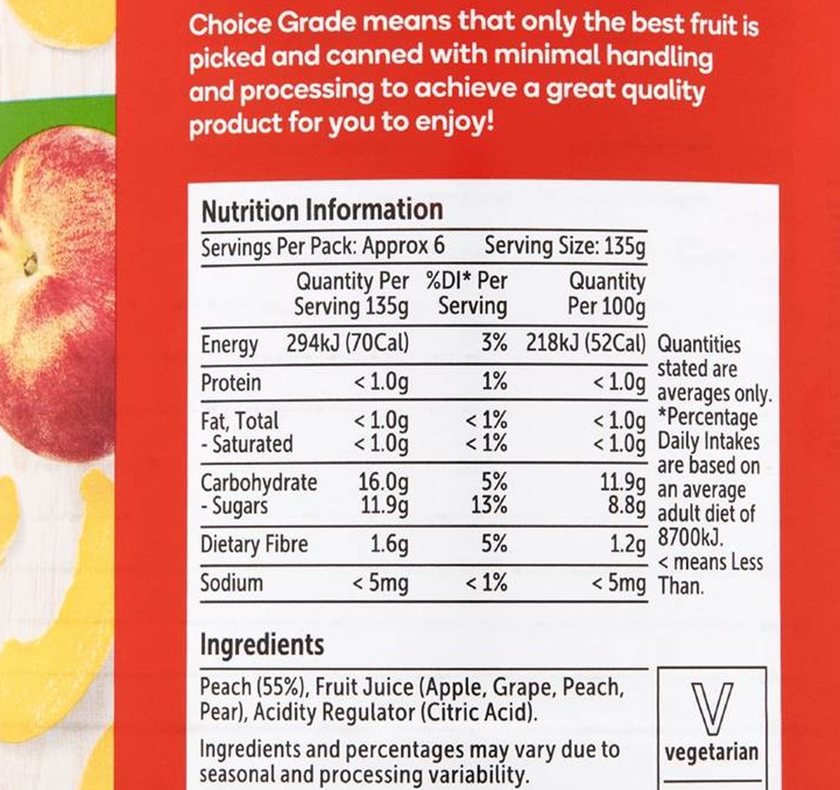 Pack photograph of Woolworths Australian Peach Slices In Juice 825g showing the printed nutrition panel