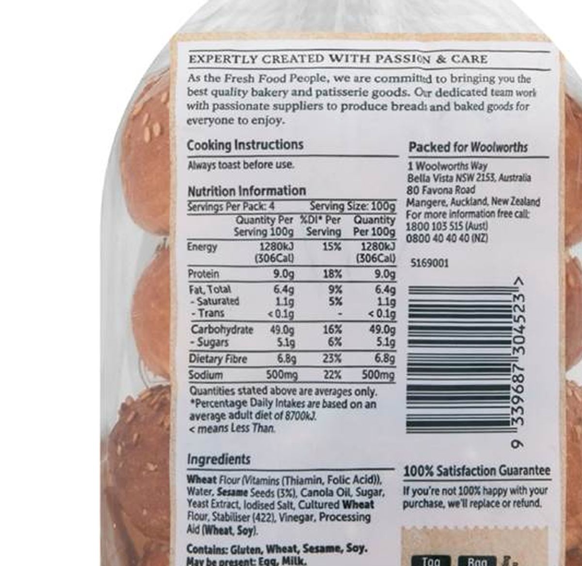 Pack photograph of Woolworths Sesame Bagels 4 pack showing the printed nutrition panel