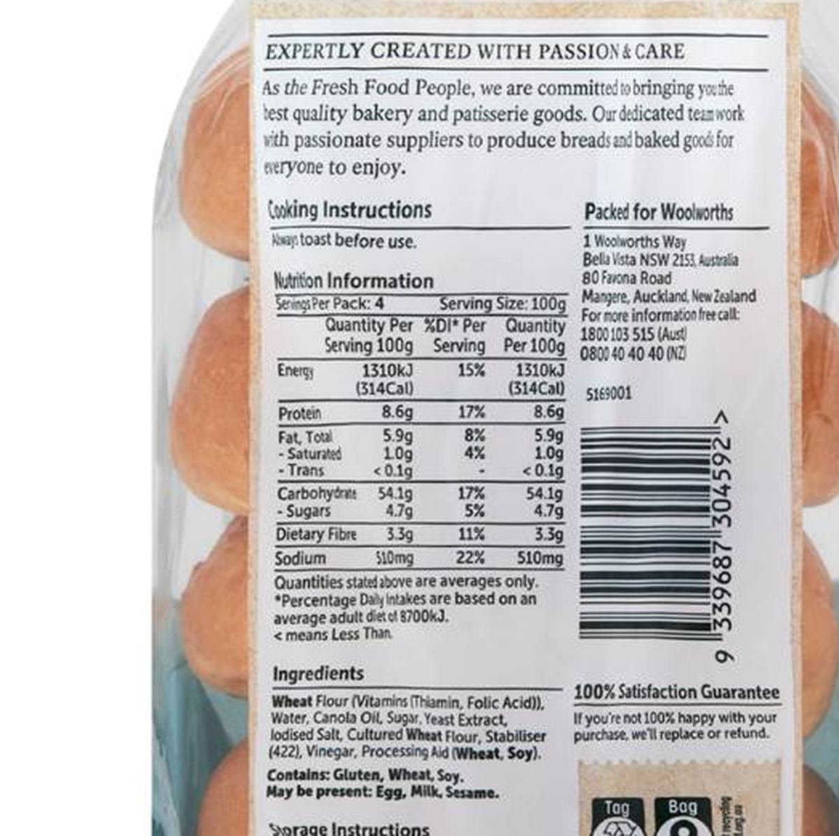 Pack photograph of Woolworths Plain Bagels 4 pack showing the printed nutrition panel