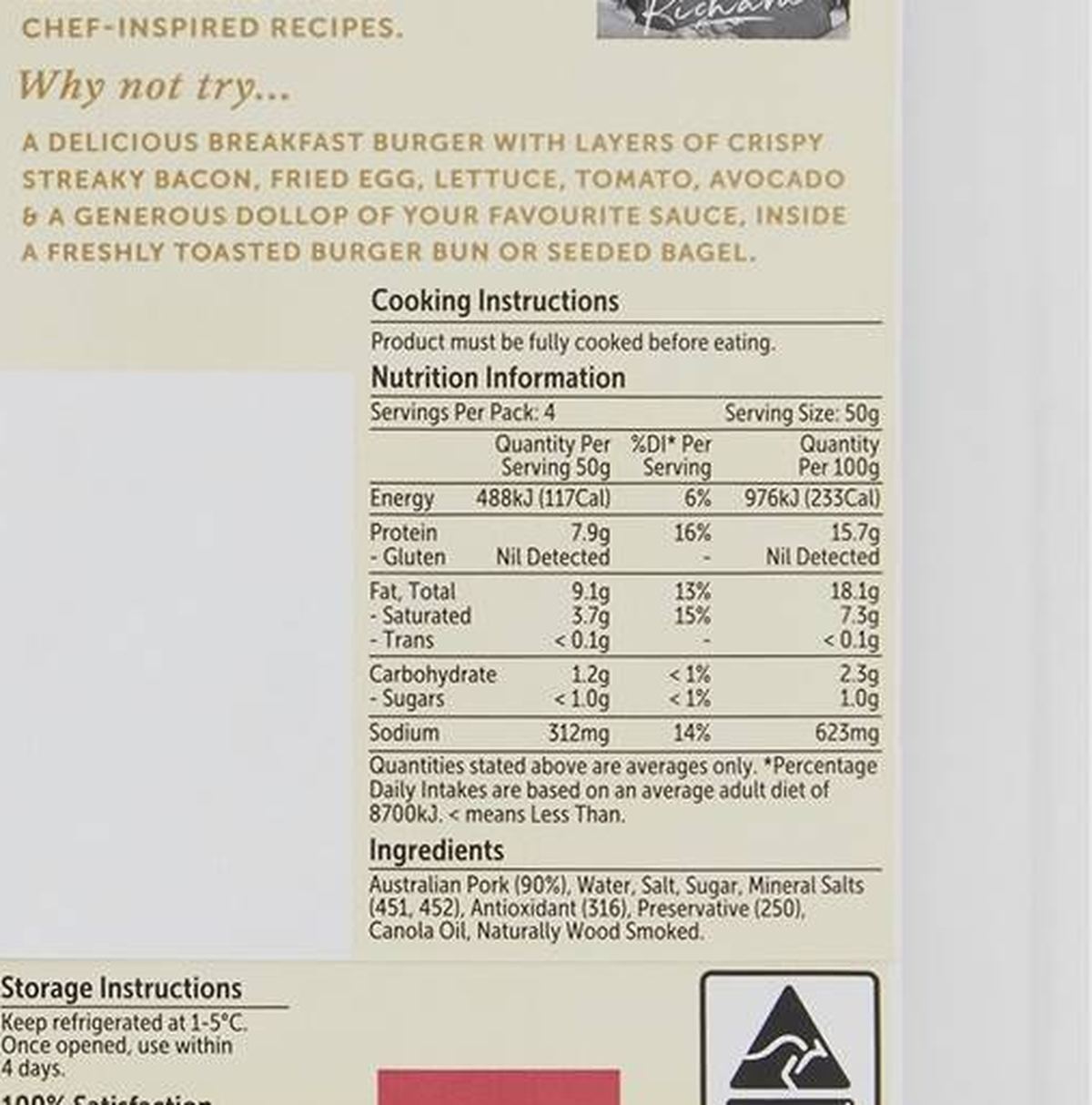 Pack photograph of Woolworths Smoked Australian Streaky Bacon 200g showing the printed nutrition panel