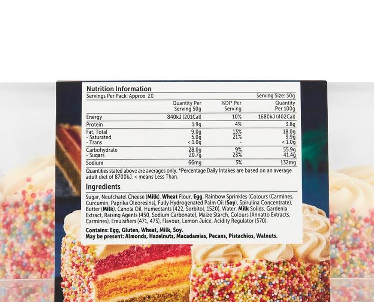 Pack photograph of Woolworths Rainbow Layer Cake each showing the printed nutrition panel