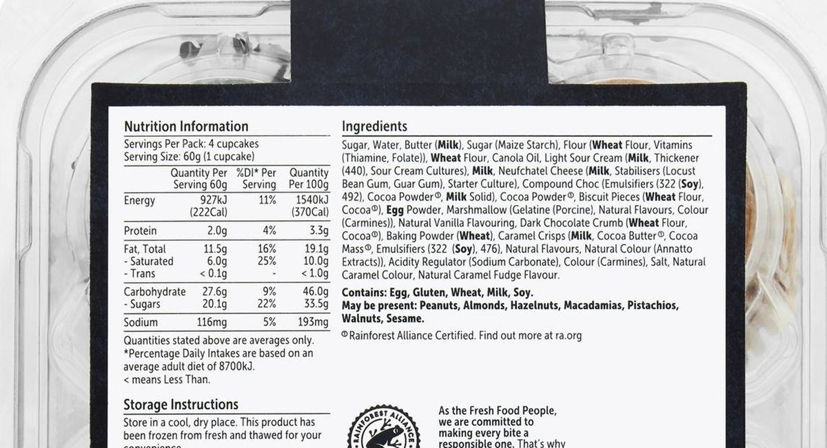 Pack photograph of Woolworths Assorted Iced Cupcakes 4 pack showing the printed nutrition panel