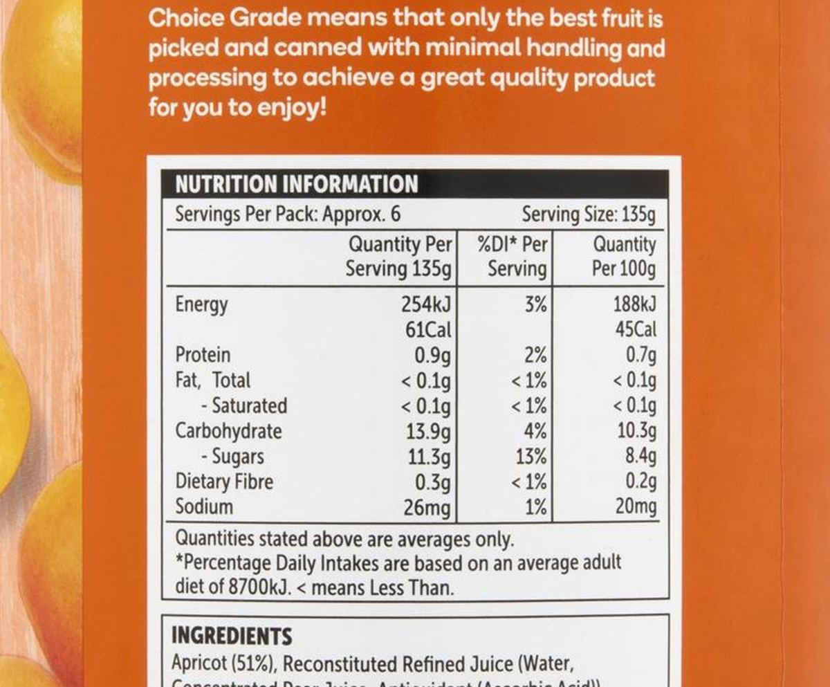 Pack photograph of Woolworths Apricots In Juice 825g showing the printed nutrition panel