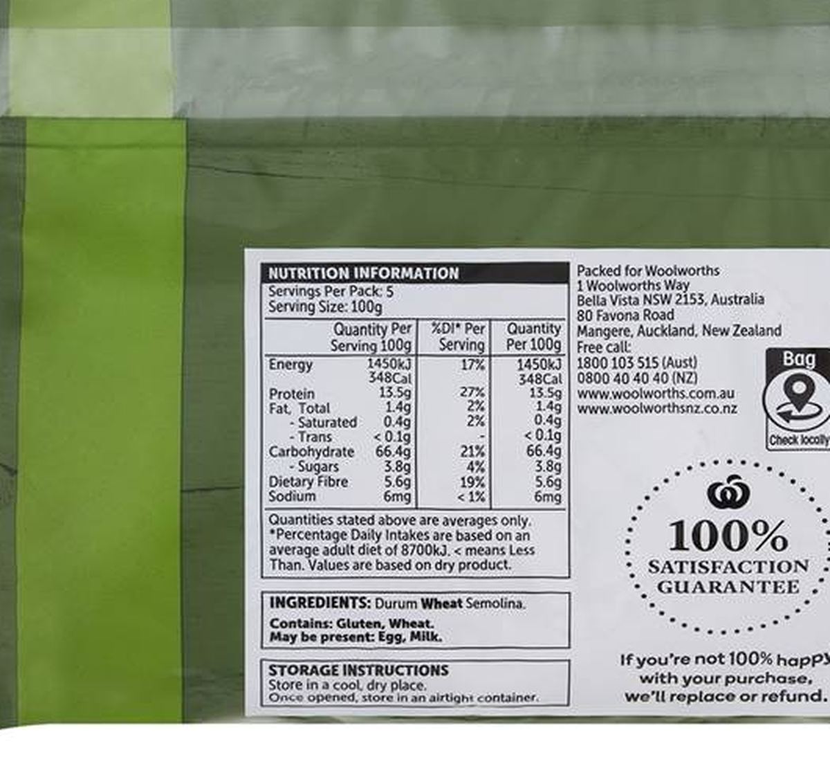 Pack photograph of Woolworths Pasta Spirals 500g showing the printed nutrition panel