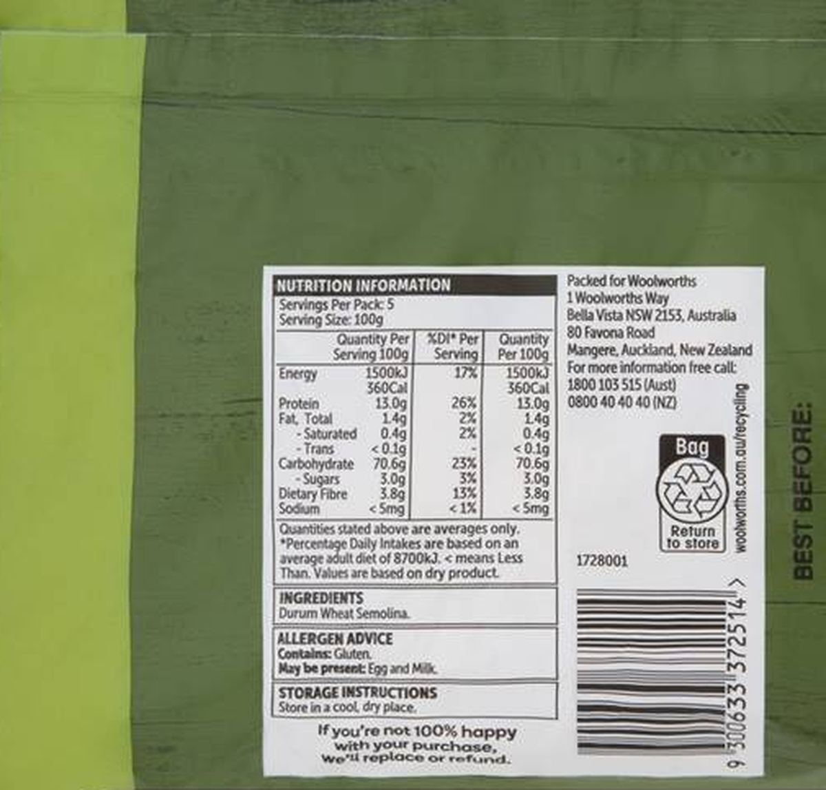 Pack photograph of Woolworths Large Pasta Shells 500g showing the printed nutrition panel